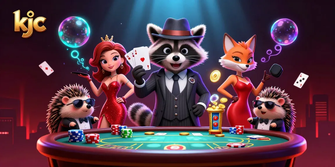 KJC reveals a dynamic scene with a stylish raccoon, a fox lady, and a hedgehog, engaging in a vibrant poker game.
