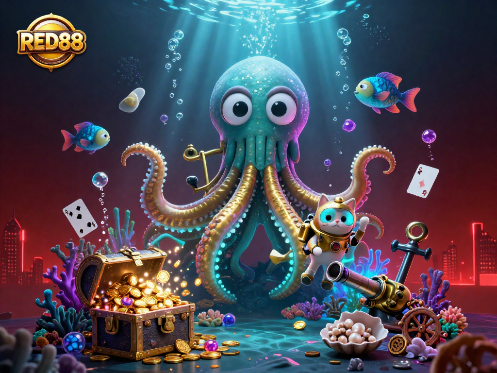 Engage with RED88’s thrilling underwater casino adventure featuring a kraken and treasure.