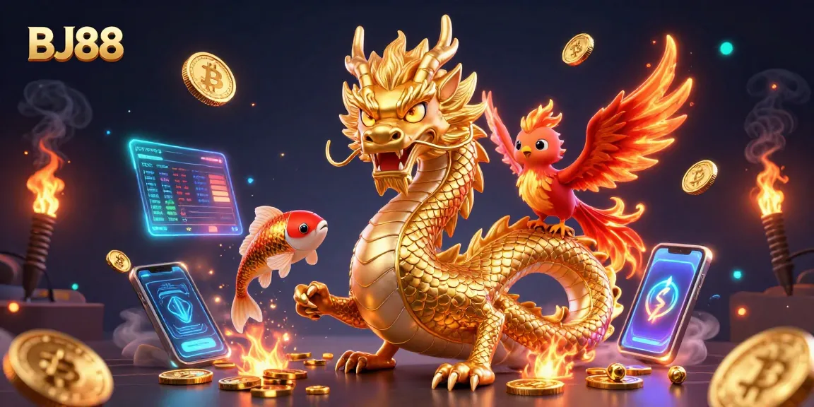 Play to win at BJ88, where a fiery dragon and phoenix soar through a dynamic casino scene.