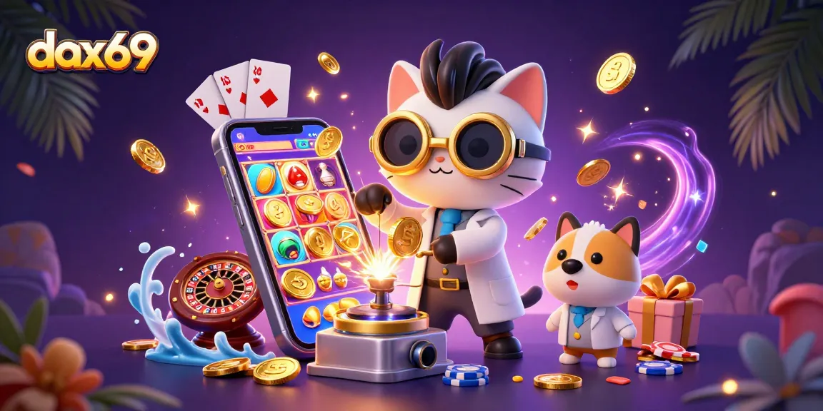 Menang besar di dax69 dengan ilustrasi 3D kucing ilmuwan gila membuat mesin koin emas.