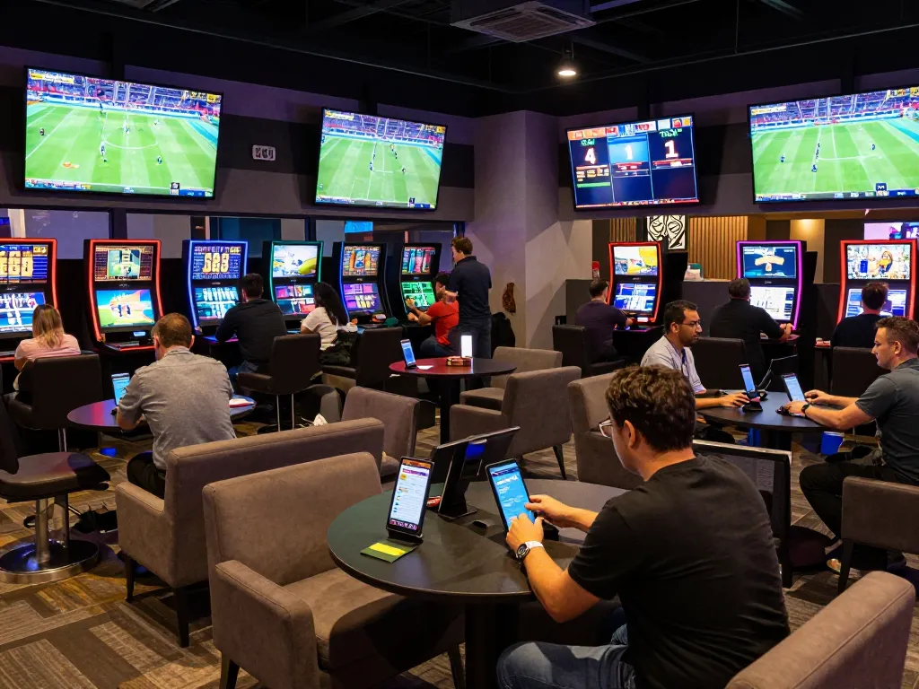 bettors engaging with tỷ lệ kèo in modern sports betting lounge, vibrant atmosphere with live sports displays