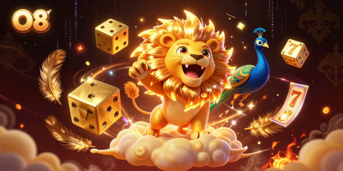 Experience thrilling wins at O8 with a vibrant 3D illustration showcasing a roaring lion and golden casino elements.
