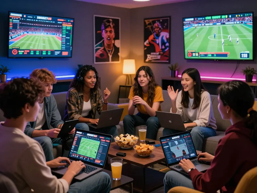 SBOBET88 sports betting enthusiasts strategizing in a vibrant gaming room