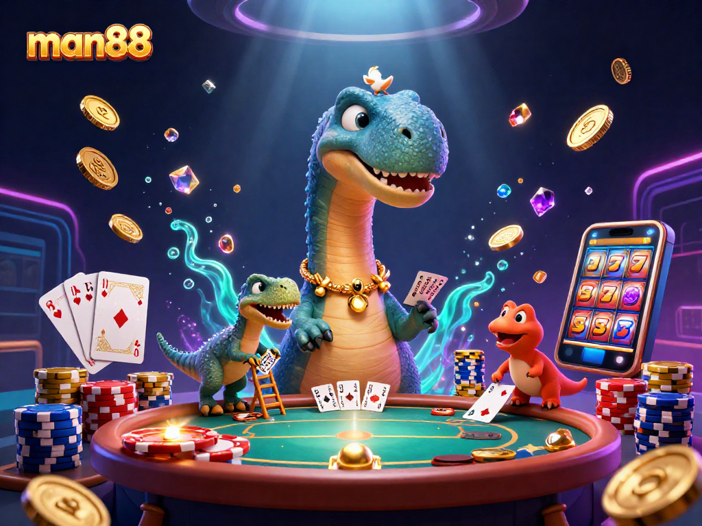 Experience thrilling gameplay at man88 with a towering brontosaurus and raptor dealer among dynamic casino elements.