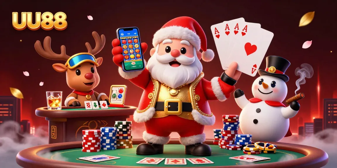 Experience thrilling casino adventures with UU88 featuring a colorful cartoon Santa, reindeer, and snowman.