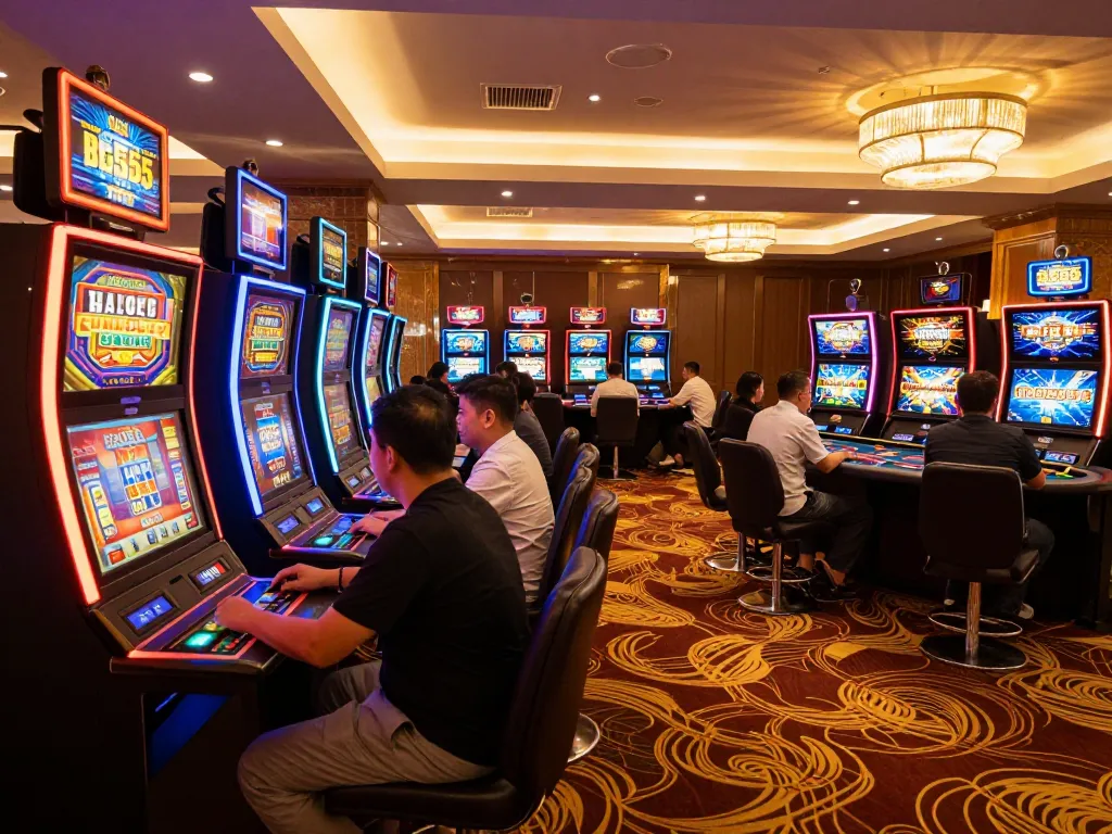 Experience the excitement at nhà cái BL555 with engaging players at colorful slot machines.