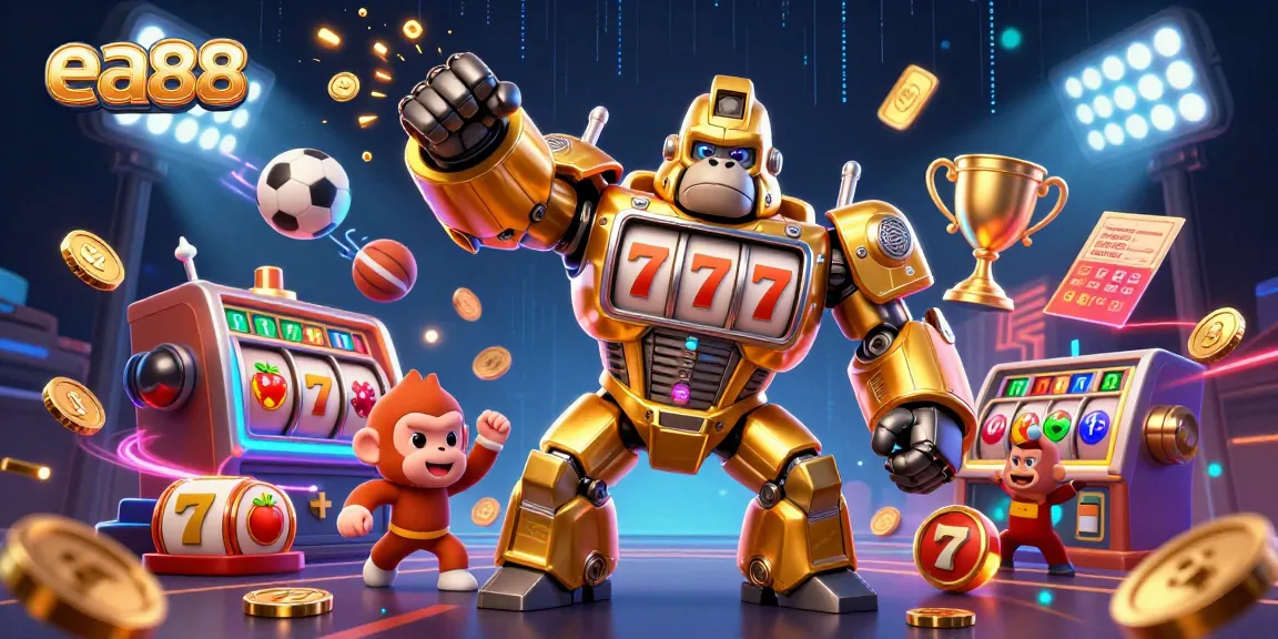 Win big at ea88 with an exciting golden gorilla mech bursting coins in a vibrant casino scene.