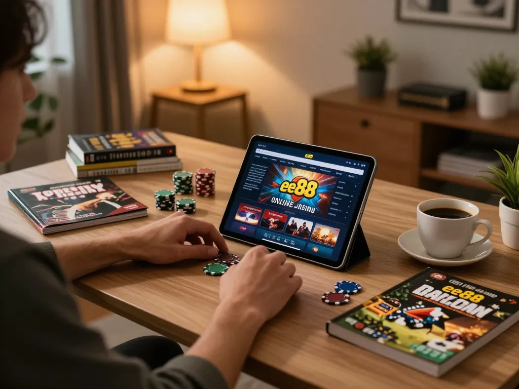Engaged user navigating the ee88 online casino app on tablet with strategic notes organized on coffee table.