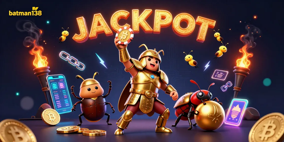 Experience thrilling wins with batman138 in this vibrant gambling illustration, featuring a heroic beetle and jackpot elements.