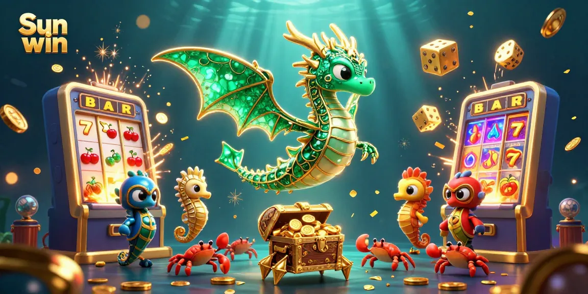 Spin to win with Sun win in this colorful casino scene filled with vibrant slot machines and sea-themed characters.