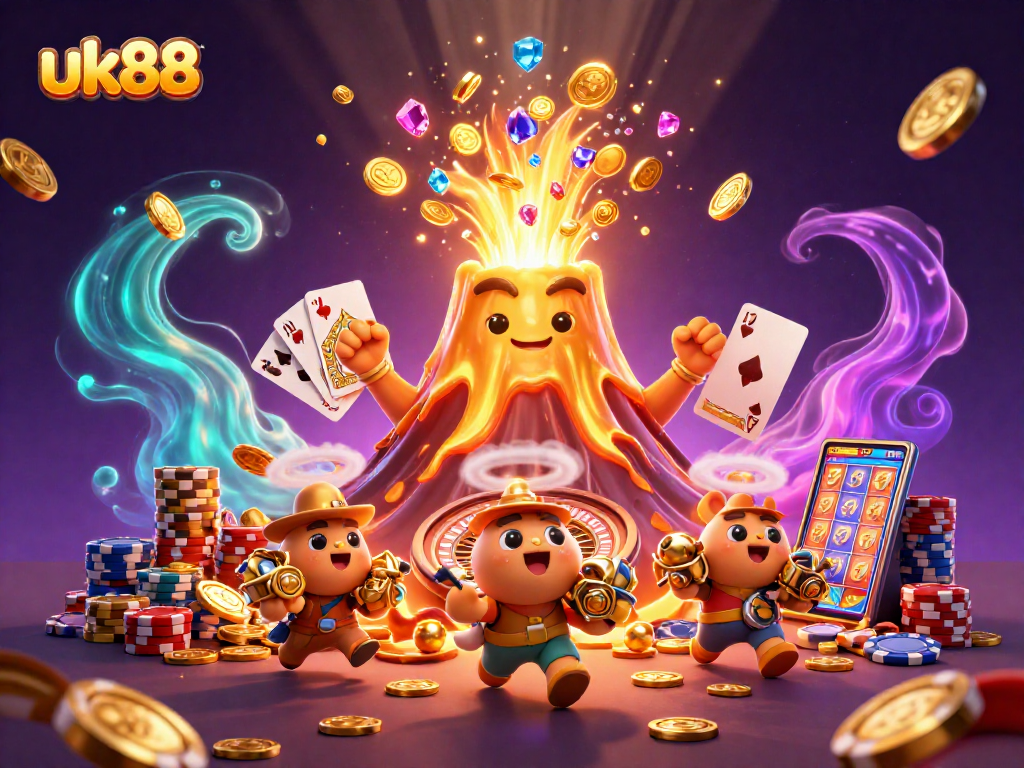 Experience the thrill of uk88 with vibrant 3D digital art showcasing dynamic gaming elements and treasure.