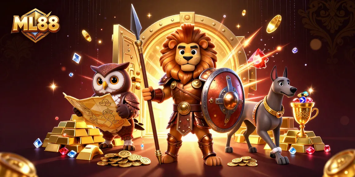 Experience thrilling gameplay at ML88 with a vibrant casino illustration featuring dynamic characters and treasure elements.