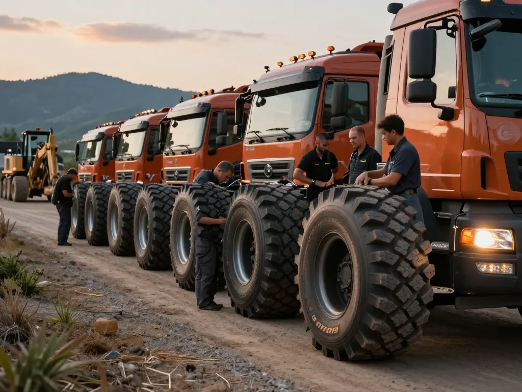 RR99 tires showcased on trucks during inspection on mixed service terrain