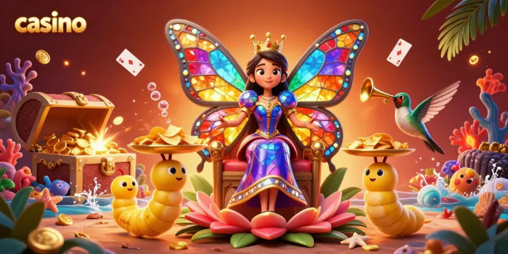Experience a vibrant casino adventure as a butterfly queen presides over treasure-filled games with chips and cards.