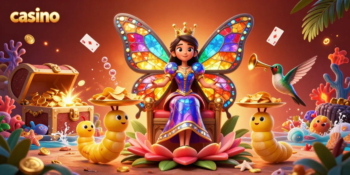 Experience a vibrant casino adventure as a butterfly queen presides over treasure-filled games with chips and cards.