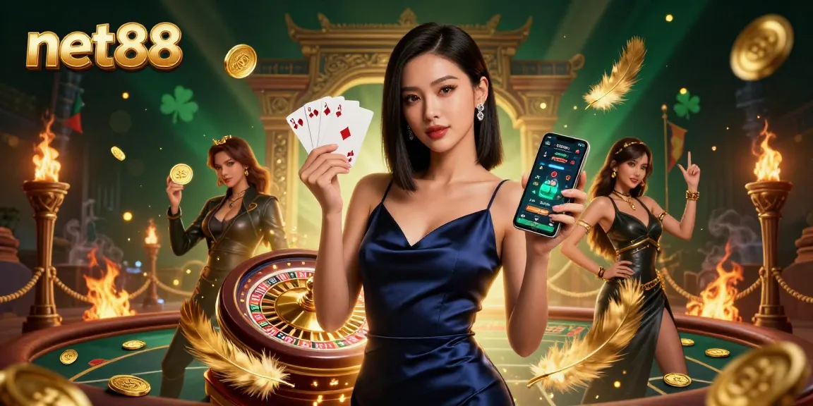Engage in thrilling gameplay at net88 with a confident gambler showcasing a casino app and golden chip.