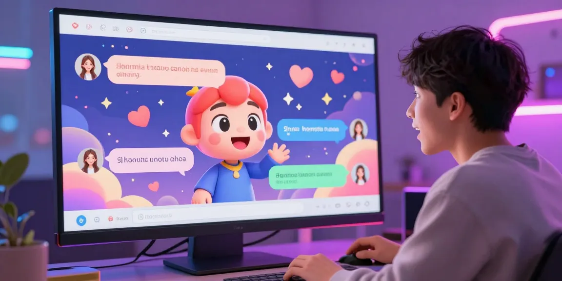 Excited user engaging in an interactive ai hentai chat with a vibrant AI character in a colorful virtual chatroom.