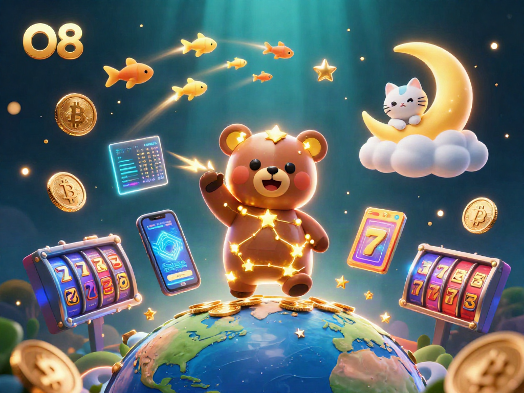 Engage with O8's vibrant casino world featuring a golden constellation bear and Bitcoin coins.