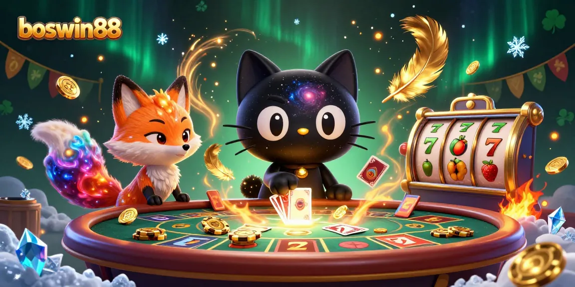 Gambarkan boswin88 menangkan slot online dengan karakter kucing galaksi dan rubah nebula dalam tempat kasino kosmik.