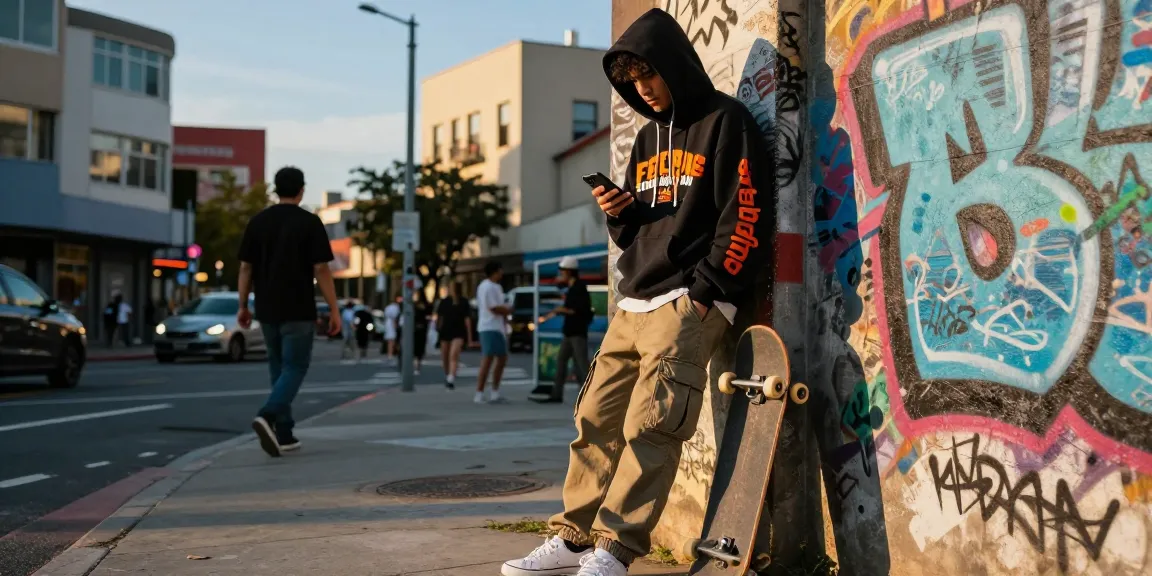 Persona in felpa trapstar che emana uno stile urbano contro uno sfondo cittadino vibrante.