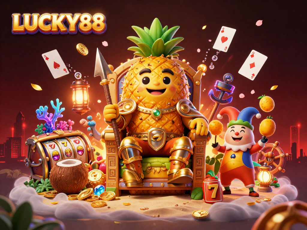 LUCKY88 depicts a vibrant beach casino scene with a golden pineapple king and lively characters.