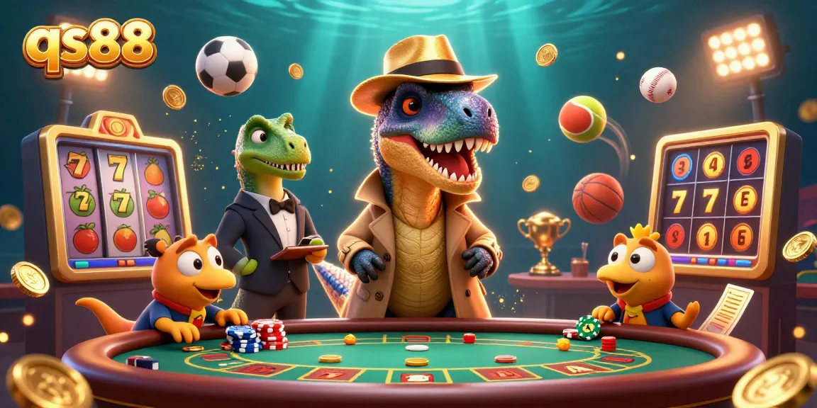 Experience the thrilling casino atmosphere with qs88 as cartoon dinosaurs engage at the blackjack table.