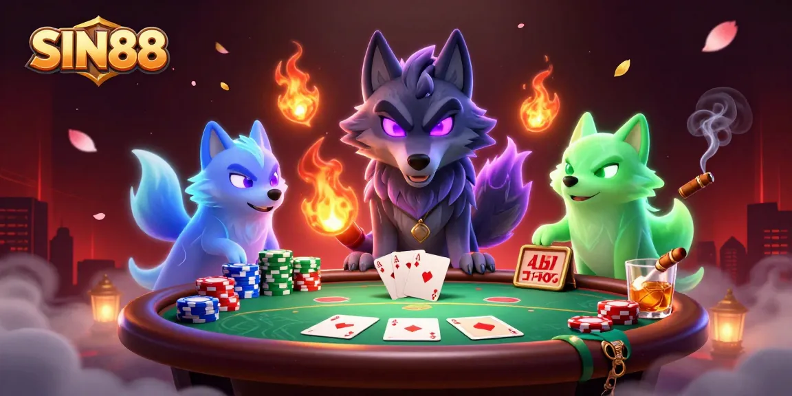 SIN88 illuminates the excitement of poker with ghostly wolves and vibrant game elements surrounding a spirited gambling scene.