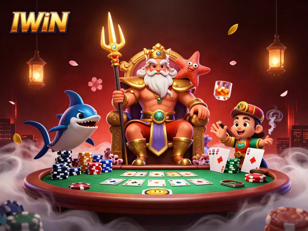 IWIN's vibrant casino scene features Neptune surrounded by poker elements, enhancing the gaming experience.