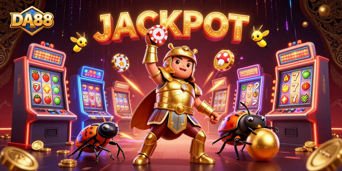 Join the DA88 adventure with a victorious beetle champion showcasing winning poker chips amidst vibrant casino themes.