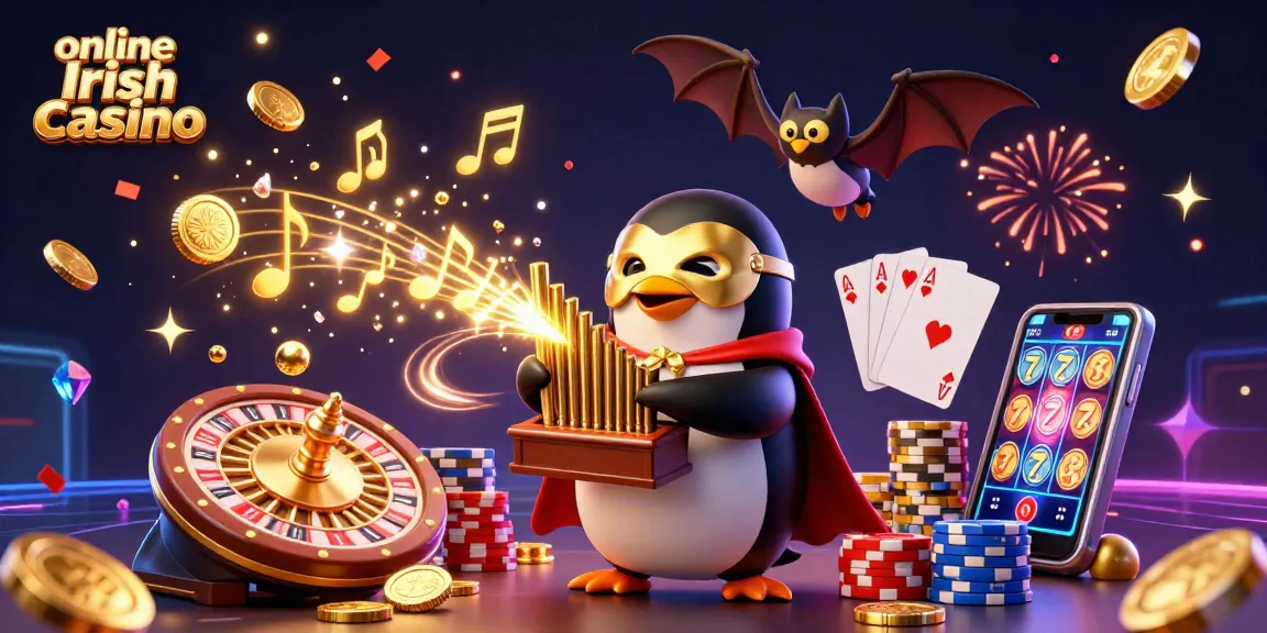 Experience the thrill of an online Irish casino with slots and games alongside a phantom penguin in a 3D vibrant scene.