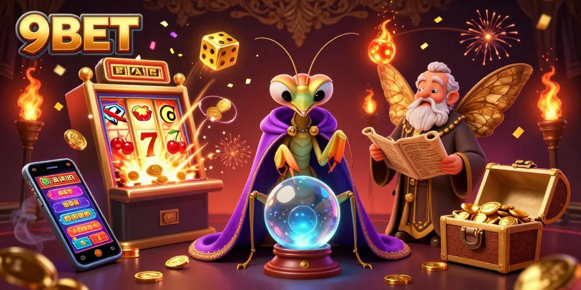 Experience the excitement of 9BET with a fortune teller and slot machine jackpot in vibrant illustration.
