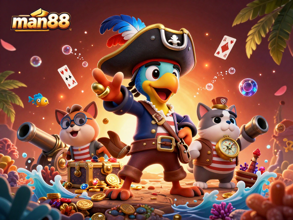 Experience thrilling gameplay with man88's vibrant casino scene featuring animated characters and treasure.