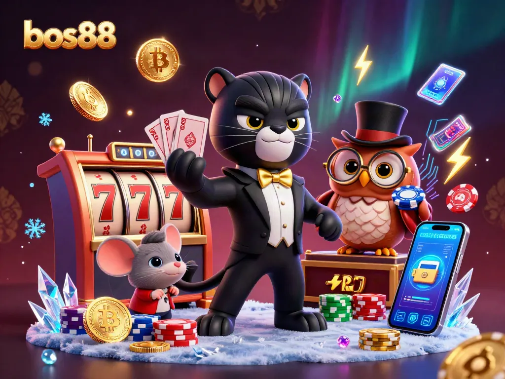 Play exciting slots with bos88, featuring a stylish panther dealing cards amidst vibrant casino elements.