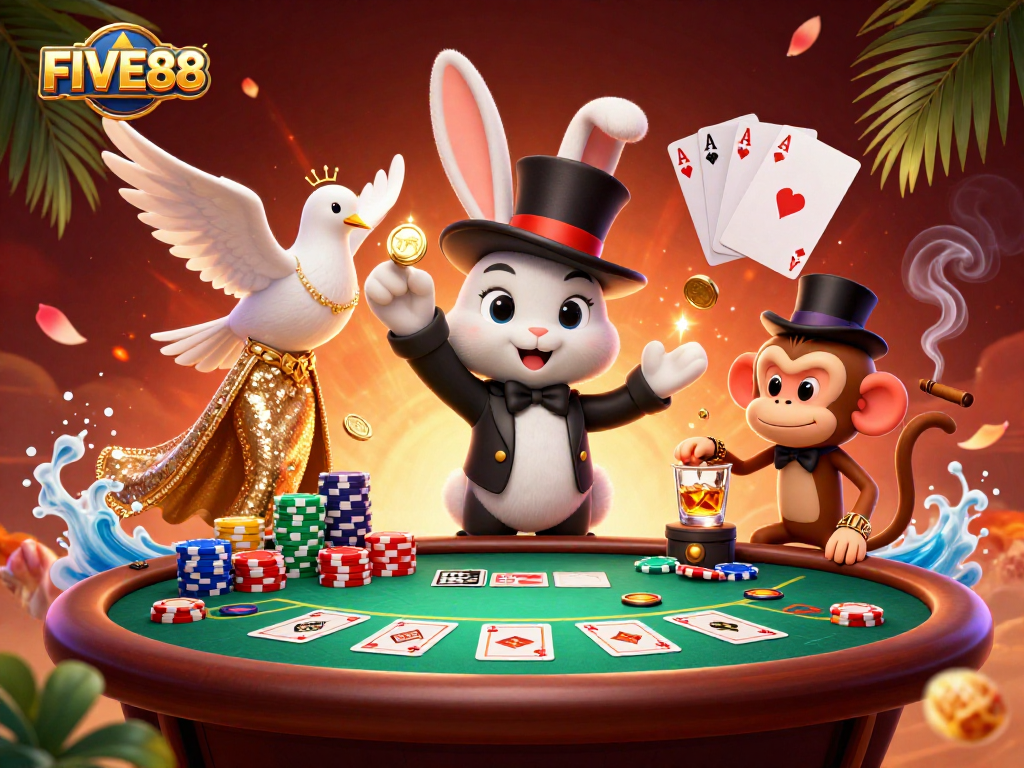 Engage in thrilling gaming with FIVE88, showcasing playful characters in a vibrant casino scene.