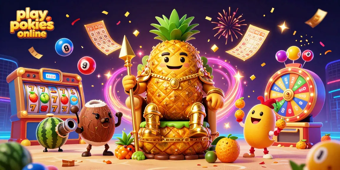 Play pokies online with an exciting scene of a golden pineapple king and vibrant casino elements.