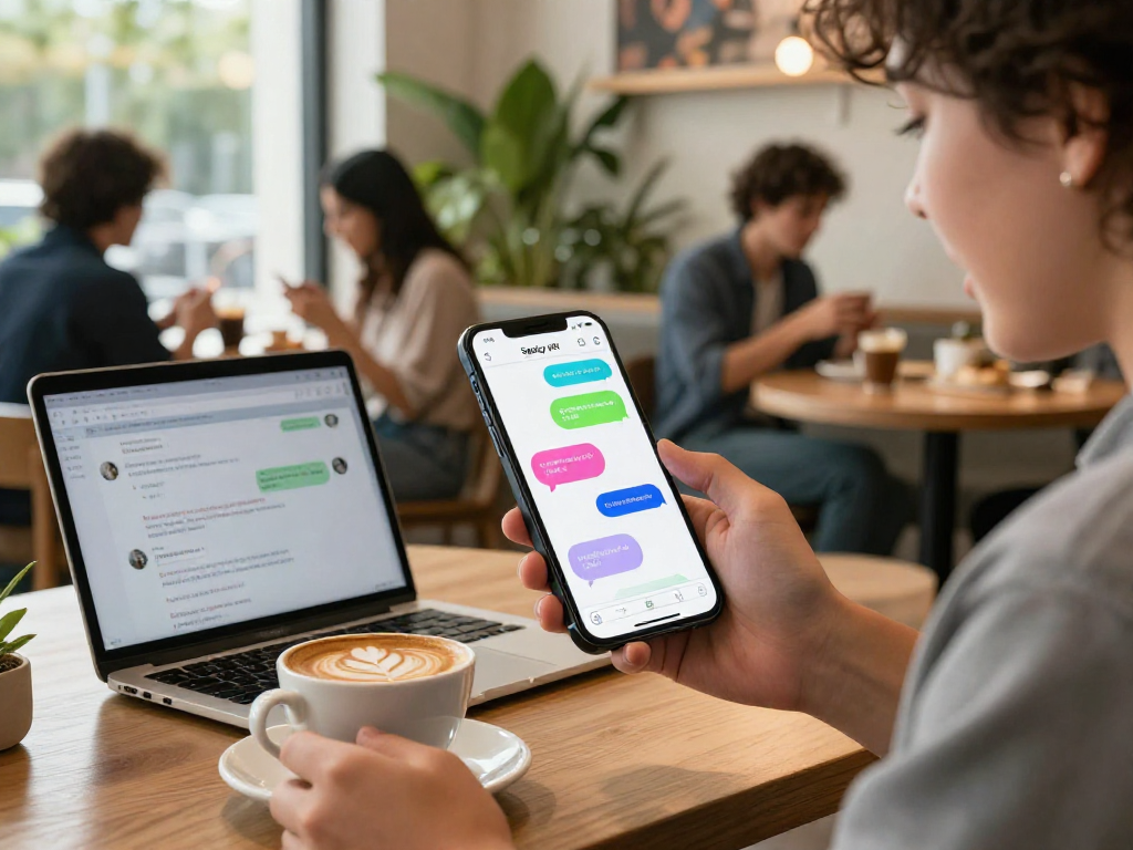 Interactive spicy chat AI conversation unfolding on a smartphone in a vibrant cafe environment.