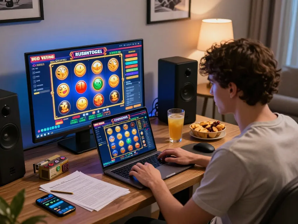 Engage in rusuntogel online gaming with a vibrant setup featuring a laptop and colorful slot game.