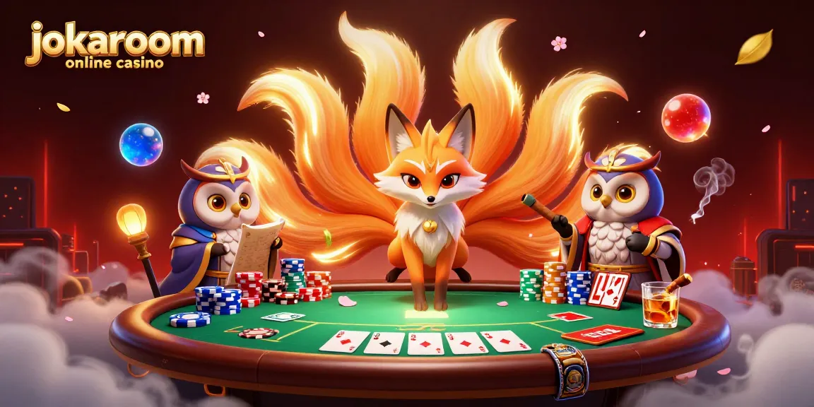 The vibrant scene showcases the jokaroom online casino with a nine-tailed fox spirit, wise owl sage, and poker elements amid dynamic colors and rich detail.
