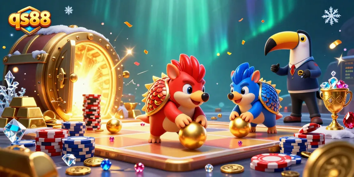 Engage in exciting gaming at qs88 with a dynamic scene of rival pangolins and casino treasures.