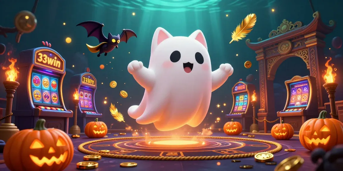 The 33win casino scene features a friendly ghost cat and a bat amidst vibrant gaming elements.