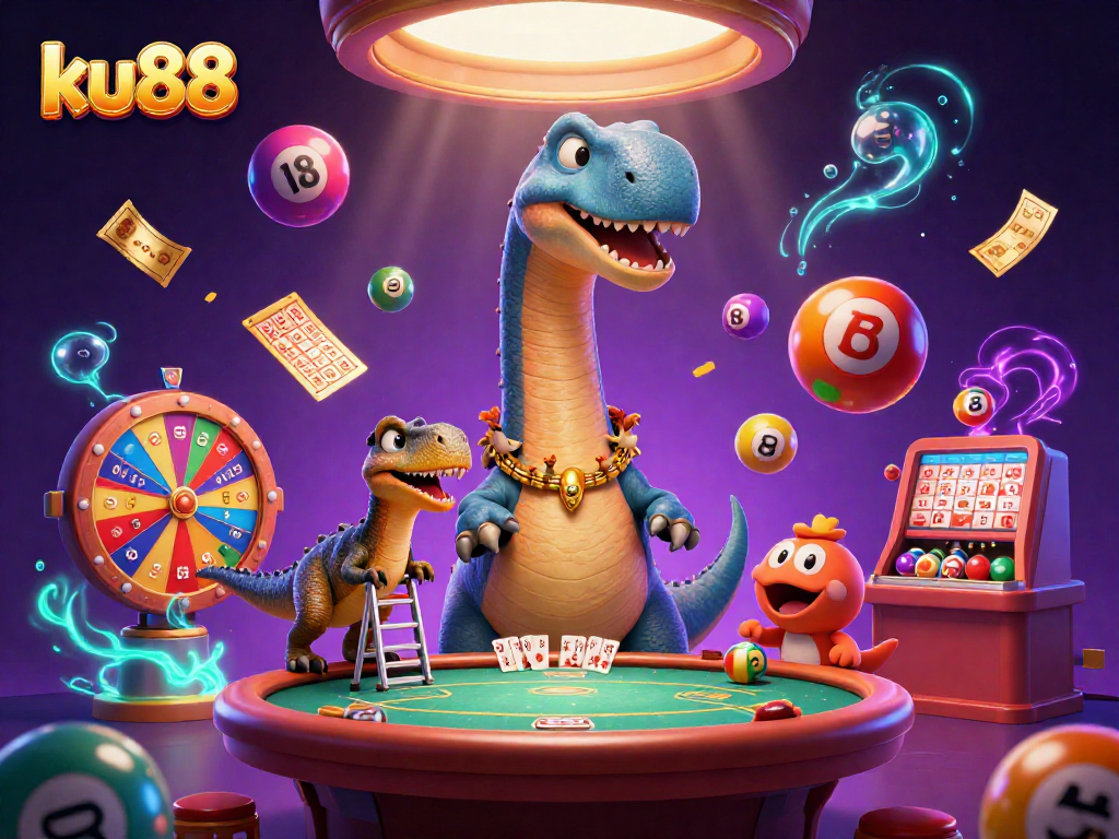 ku88 showcases a lively casino scene with a brontosaurus and colorful lottery balls.