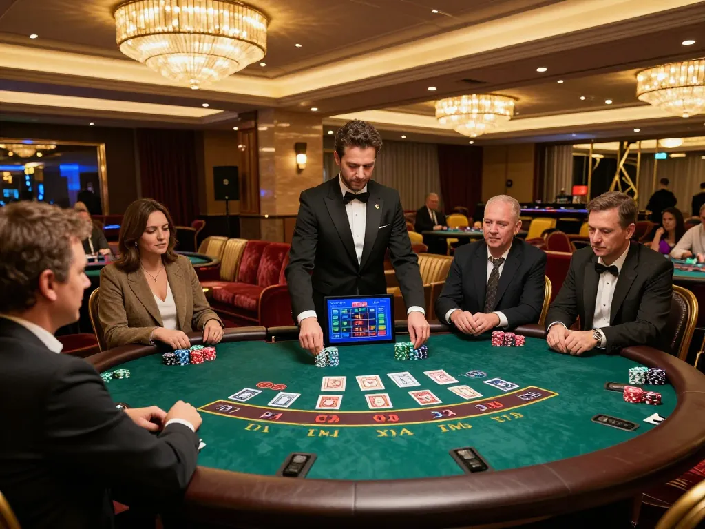Engage with thrilling games at F8BET as players enjoy Baccarat under warm atmospheric lighting.