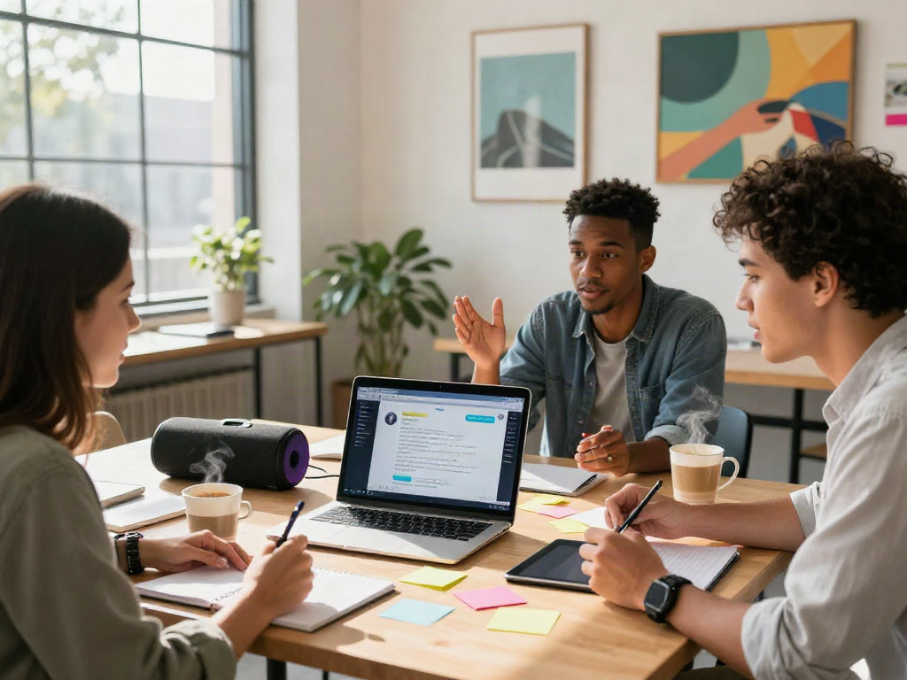 Diverse team collaborating on spicy chat ai in a modern co-working space