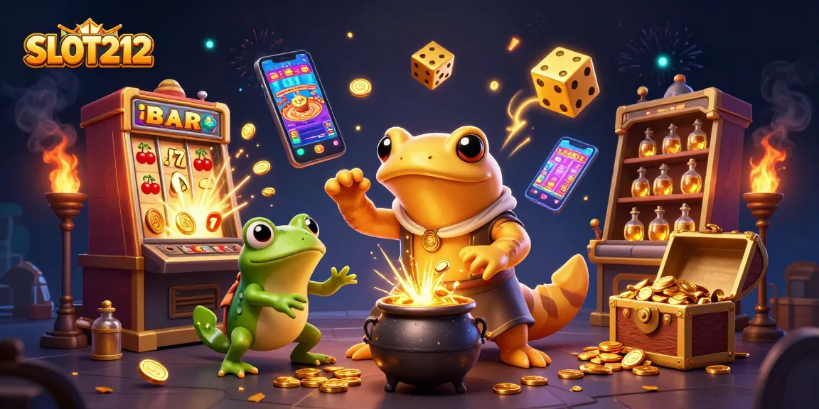 SLOT212 players spinning the reels at a vibrant casino sanctuary featuring gold coins and lively gaming elements.