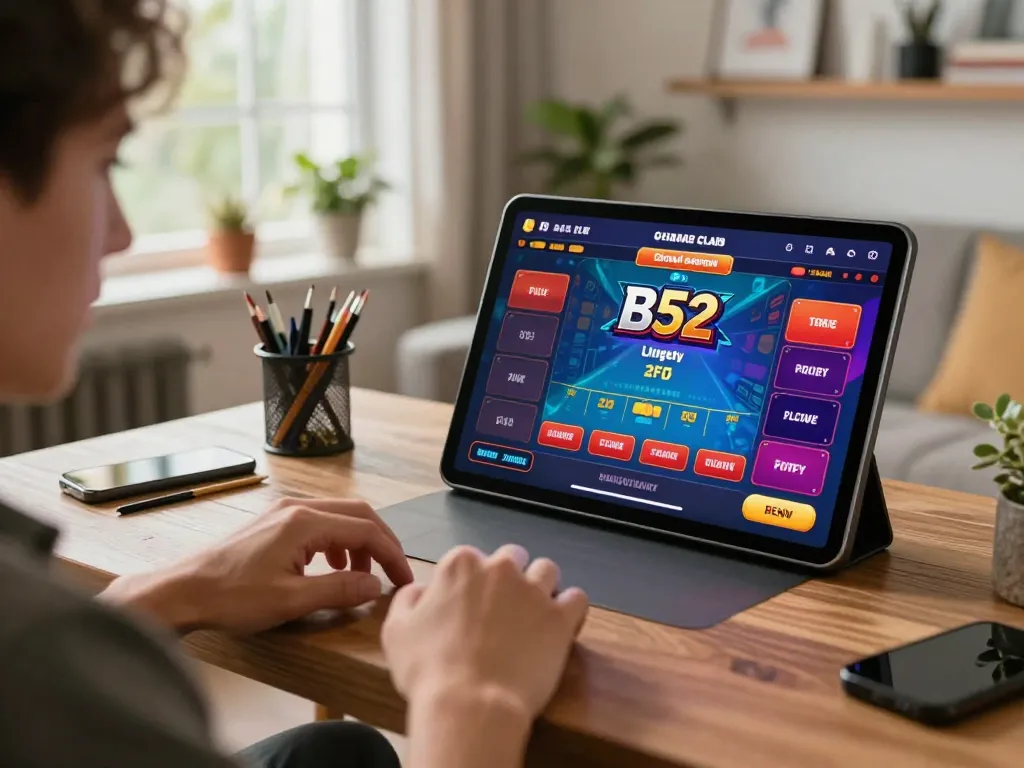 B52 club user excitedly playing online casino game on tablet in a stylish home.