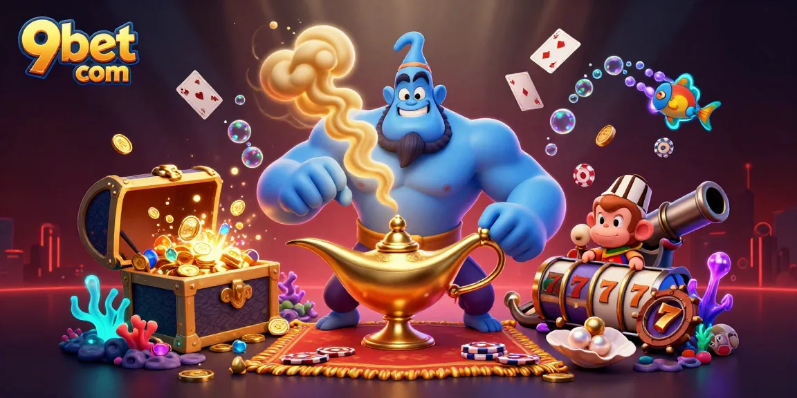 Engage with the 9bet com magical casino scene of a genie, monkey, and poker-rich carpet.