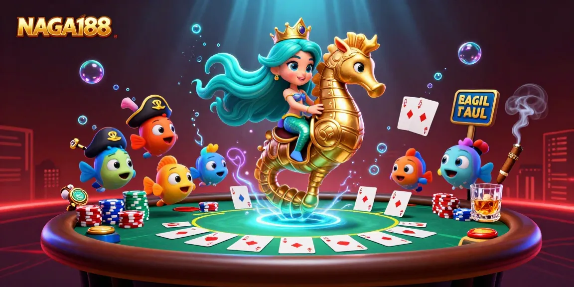 NAGA188 menghadirkan ilustrasi putri duyung di kasino poker dengan tumpukan chip berwarna-warni dan efek cahaya bawah laut.