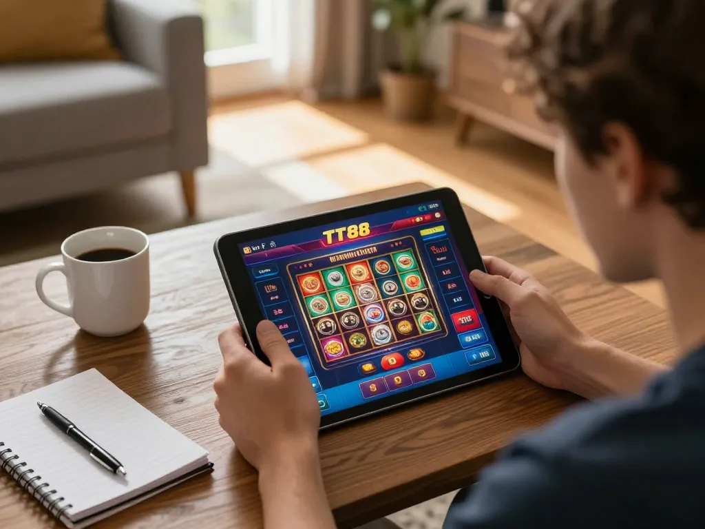 Engaging online gaming session with nhà cái tt88 on tablet, highlighting strategic play in a cozy home setting