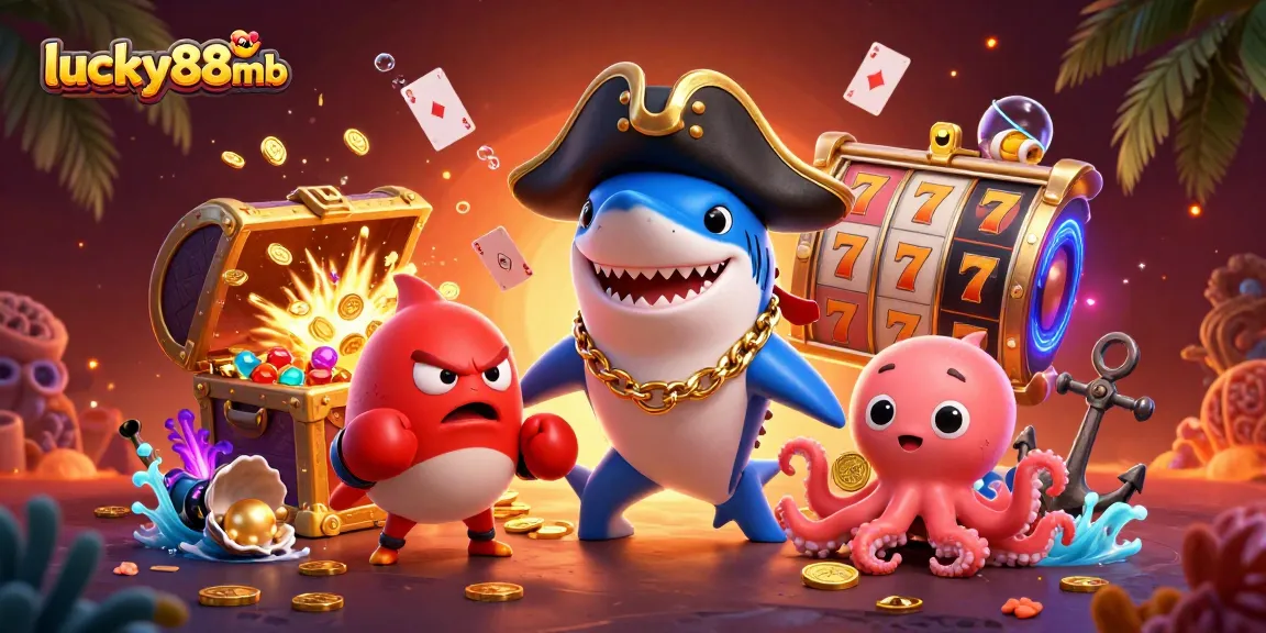 Experience thrilling casino action with lucky88mb featuring a smiling shark, pufferfish, and octopus among slot games.