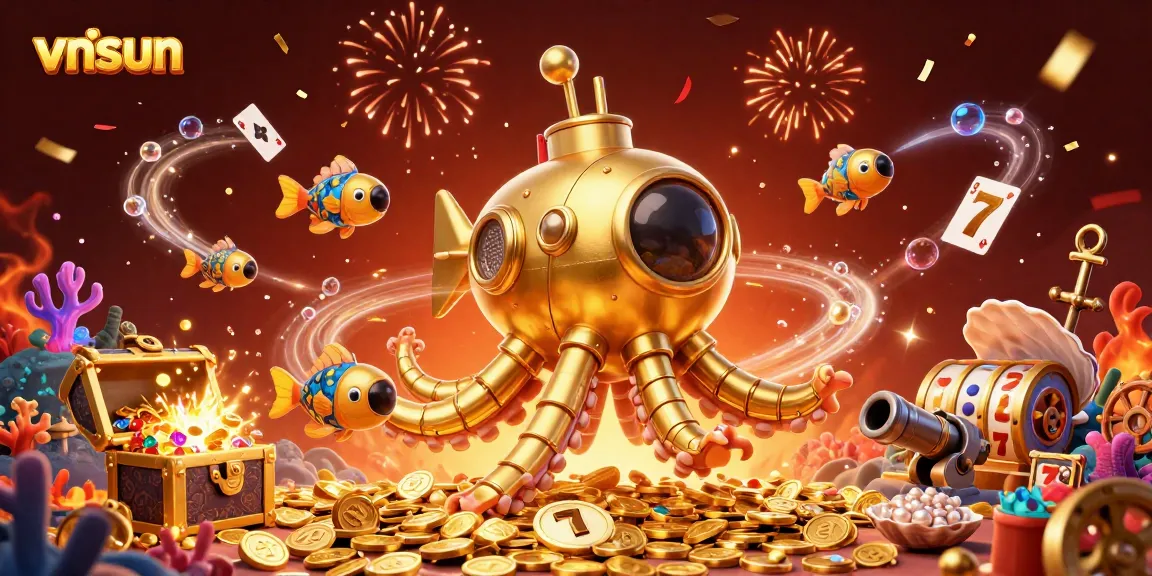Spin the reels of vnsun's casino adventure with a golden kraken submarine amidst treasures and fireworks.